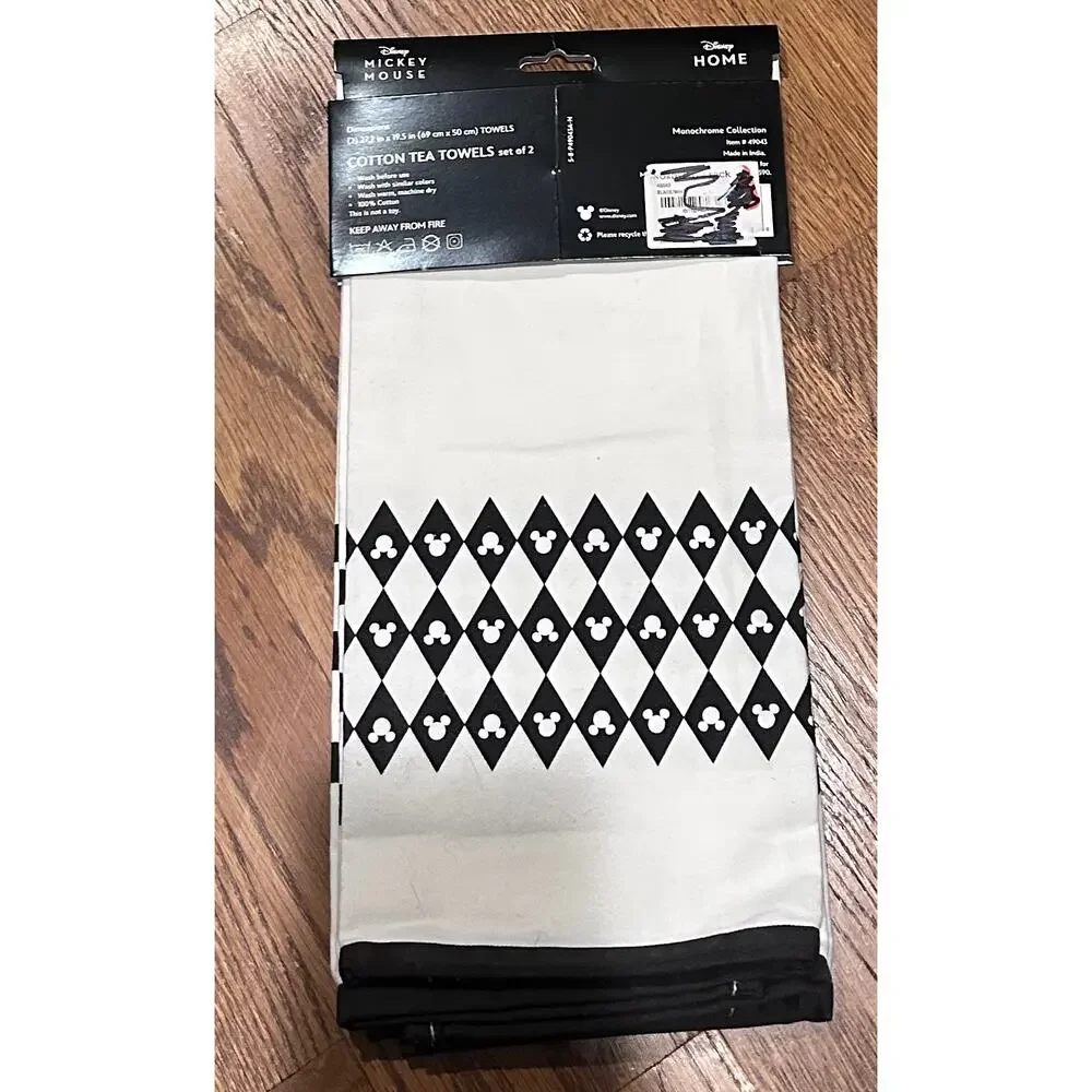 Disney Mickey Mouse Monochrome Cotton Tea Towels Set 2 Pack Black White Kitchen